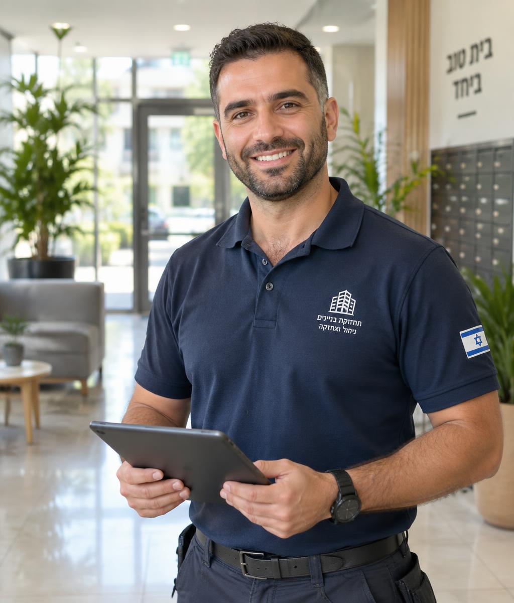מנהל אחזקה של B.D Top בלובי של בניין מגורים